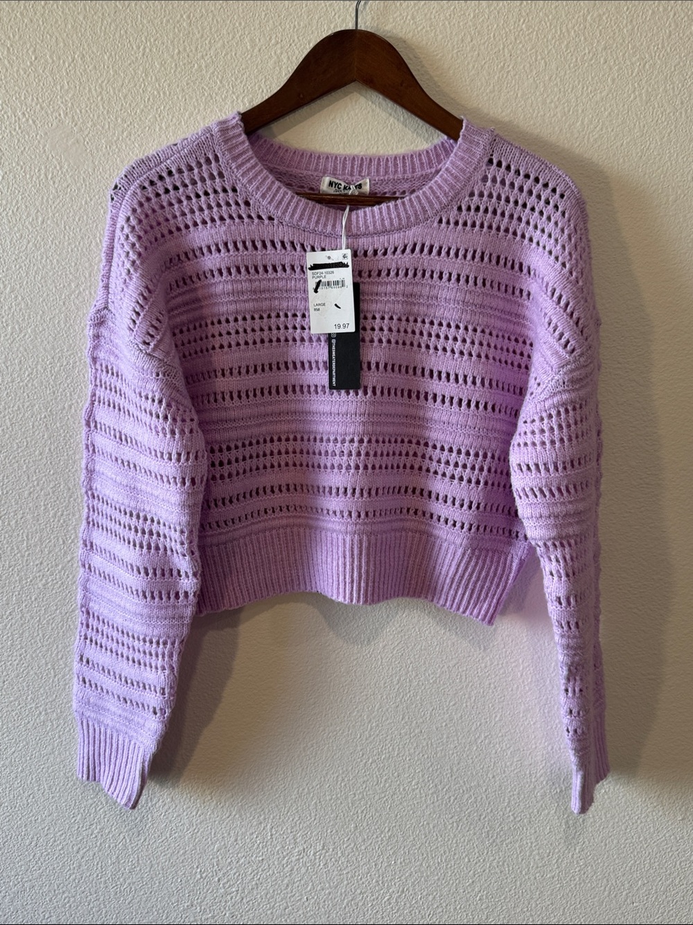 Nordstrom Lavender Open-Weave Cropped Crewneck Sweater